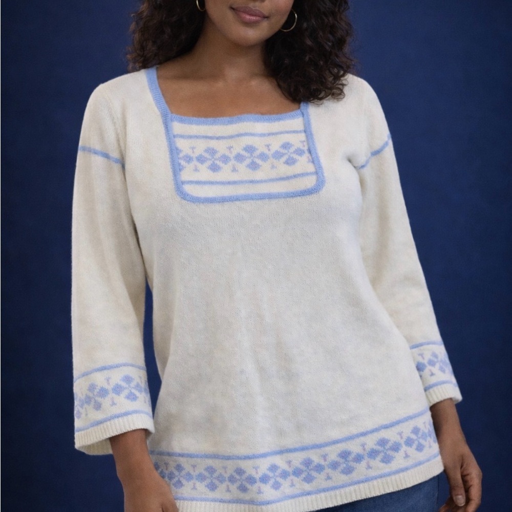 Vintage 1970s Flared Sleeves- Cream Nordic Style Sweater with Light Blue Trim
